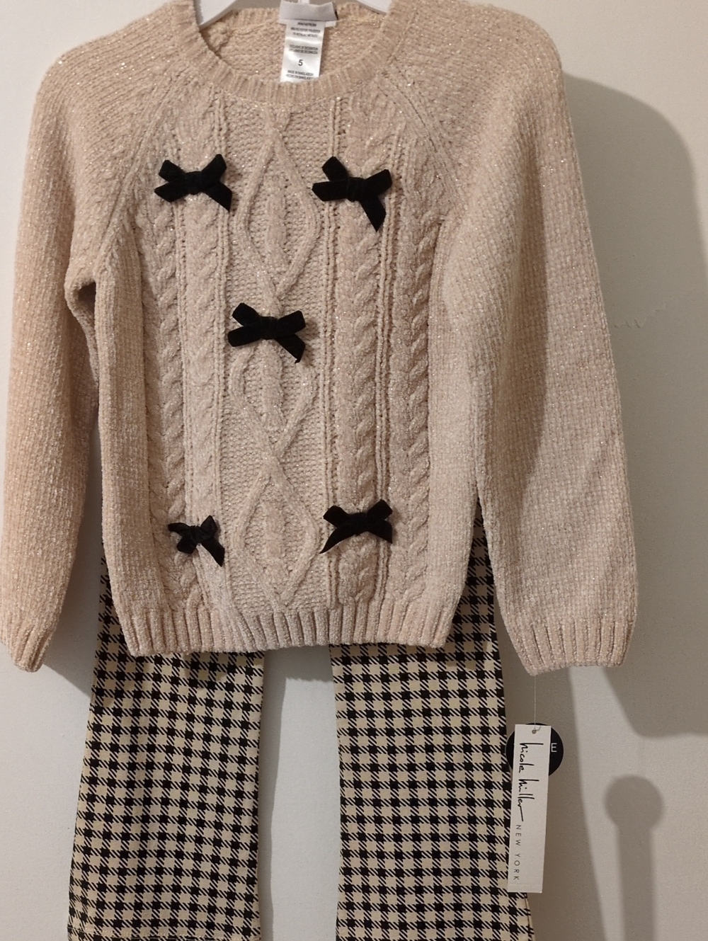Nicole Miller Girl's Oatmeal Knit Sweater/Black Bow Accents/Gingham Pants 5